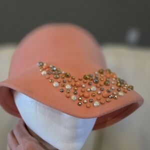 Vintage Frank Olive Private Coll Wool Hat Peach Beaded Made in USA one of Kind